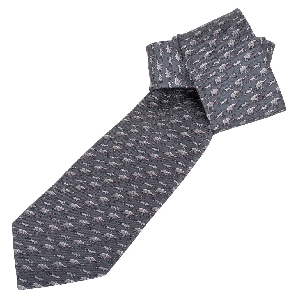 Hermès - Cravate twillbi « Sauve qui peut ! » gris/gris foncé, neuve dans sa boîte en vente