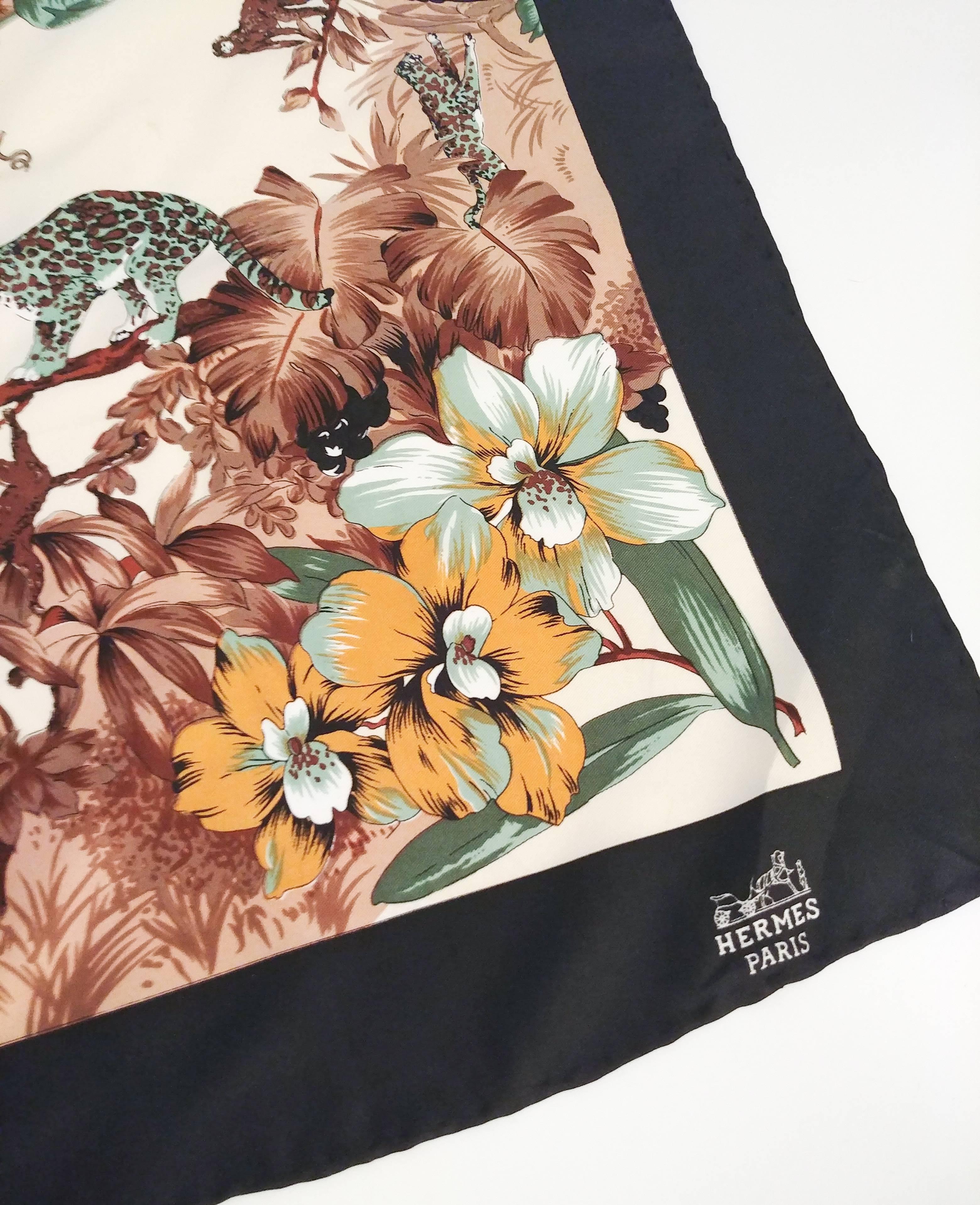 Hermes Tiger & Florals Circle of Life Silk Print Scarf. Hand rolled. 