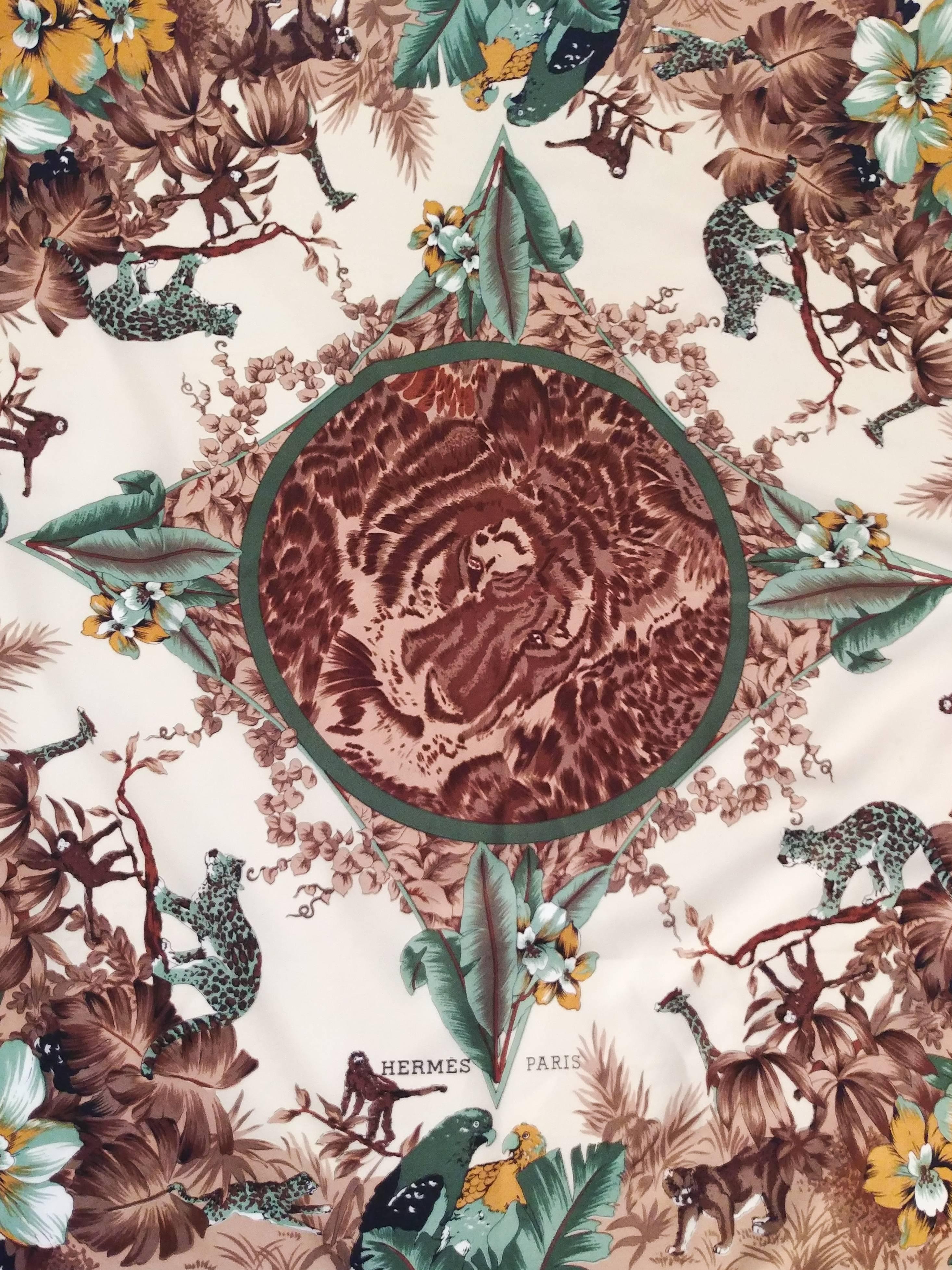 Brown Hermes Tiger & Florals Circle of Life Silk Print Scarf