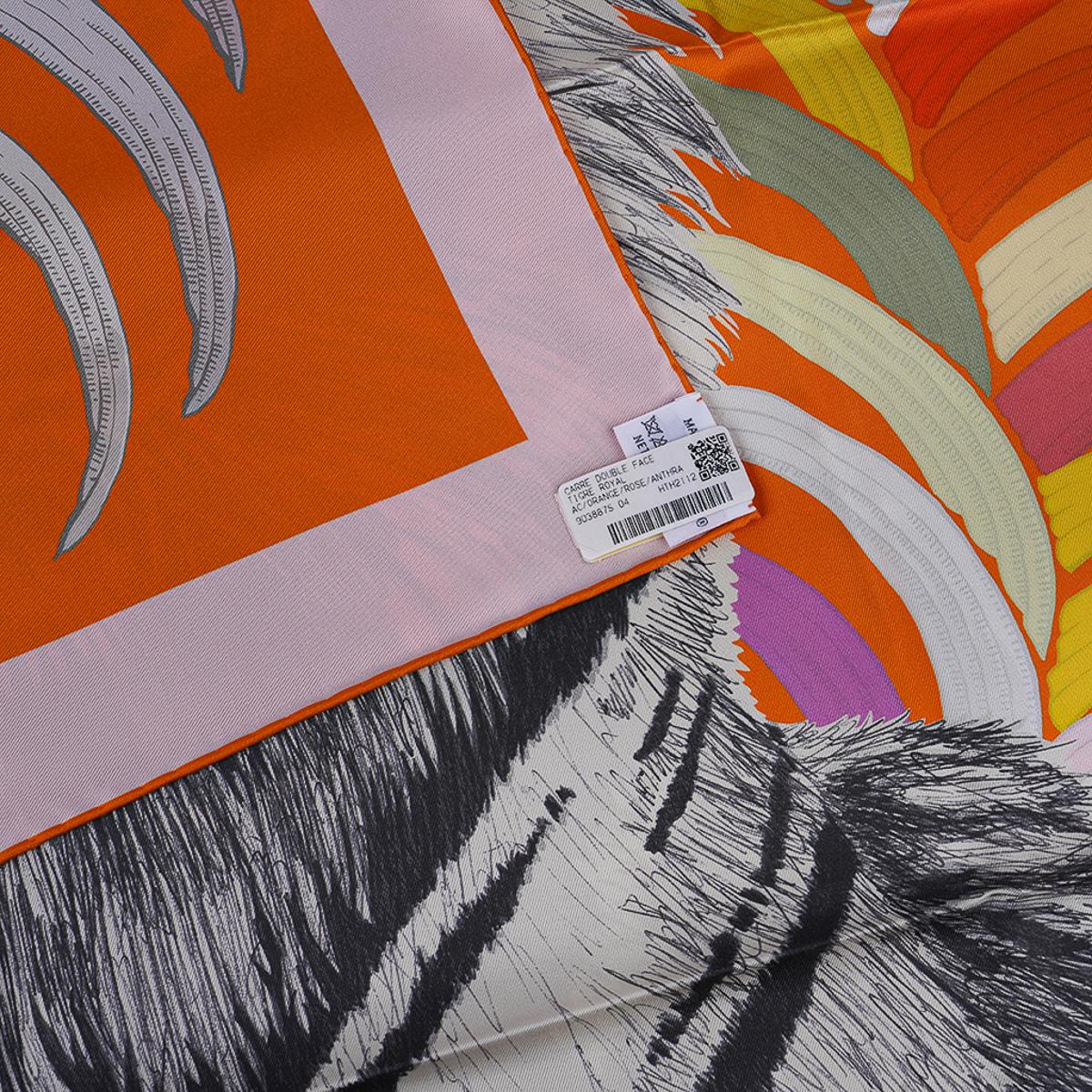 Hermes Tigre Royal Double Face Scarf Orange / Rose / Anthracite 90 For Sale 5