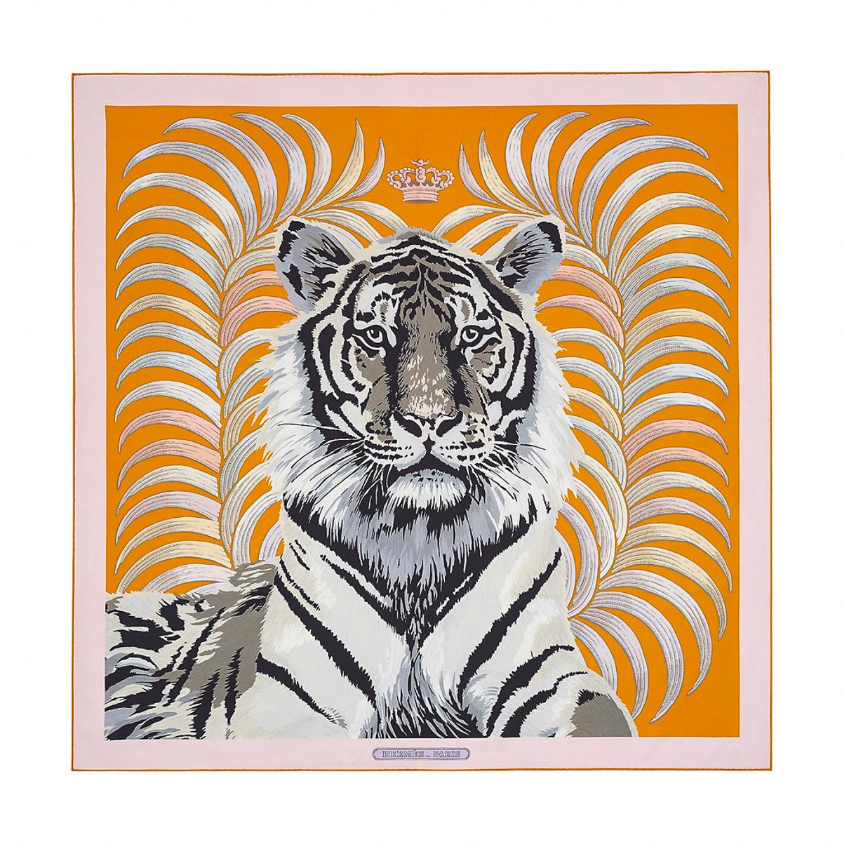 Mightychic offers an  Hermes Tigre Royal Double Face silk scarf. 
Hermes has created the first scarf to be printed on both sides.
This unique technique allows you to have two scarves in one!
A tribute to the solitary majestic Bengal tiger.
Orange,