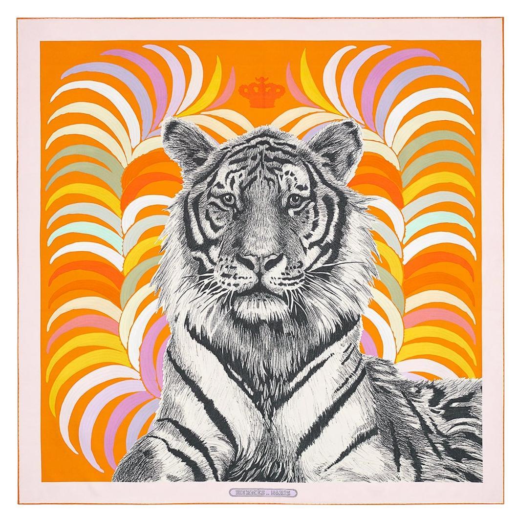Hermes Tigre Royal Double Face Scarf Orange / Rose / Anthracite 90 For Sale
