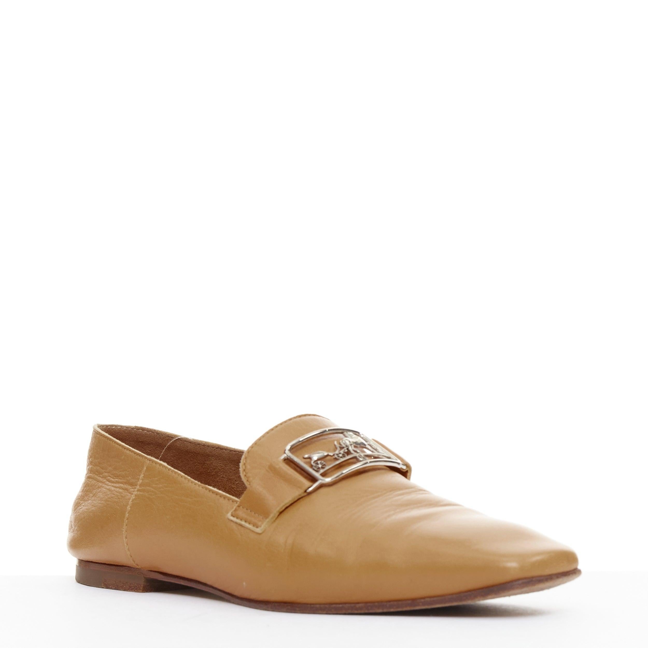 HERMES Tiempo mocasines planos de cuero marrón liso con hebilla de carruaje de caballo EU35 Marrón en venta