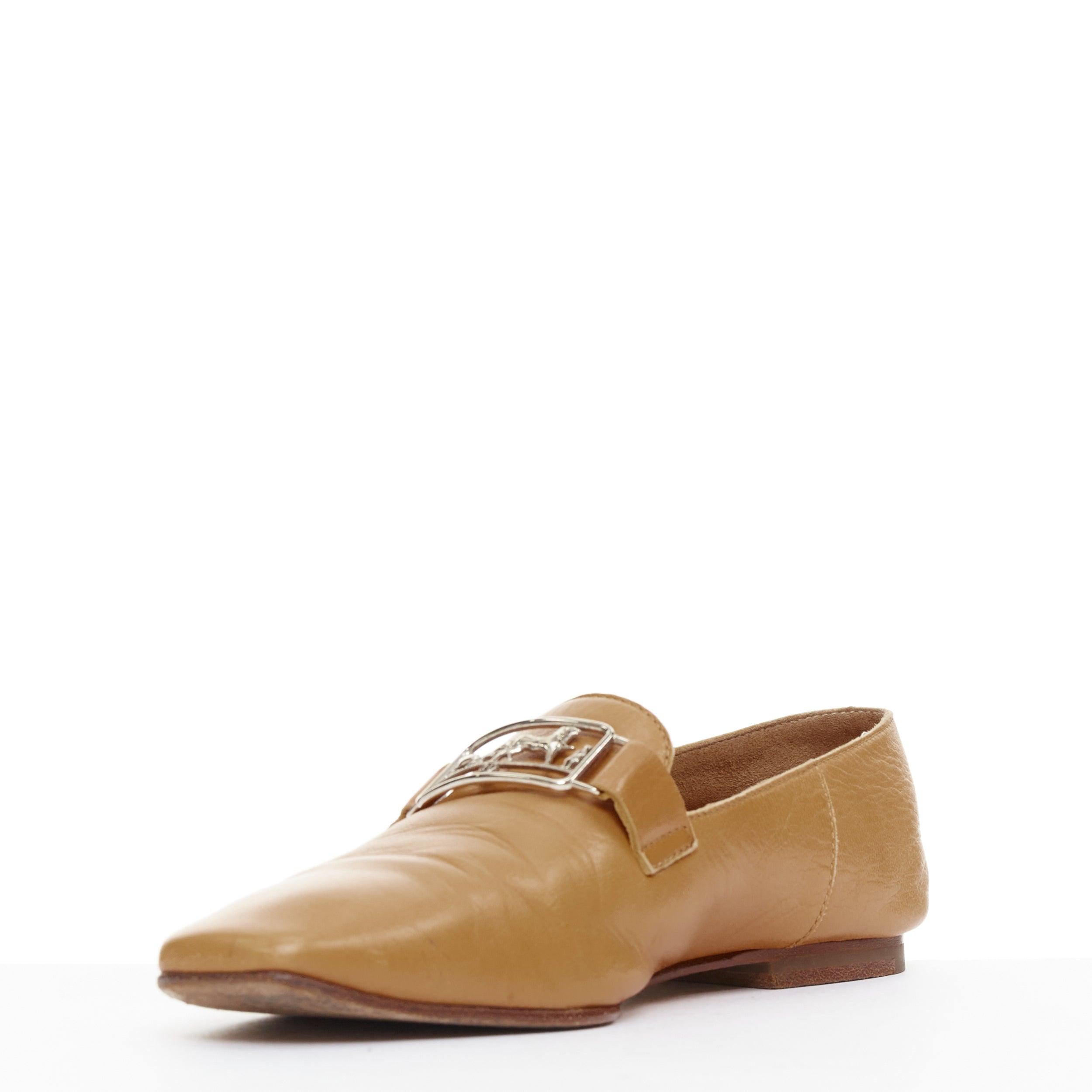 HERMES Tiempo mocasines planos de cuero marrón liso con hebilla de carruaje de caballo EU35 en Bastante bueno estado para la venta en Hong Kong, NT