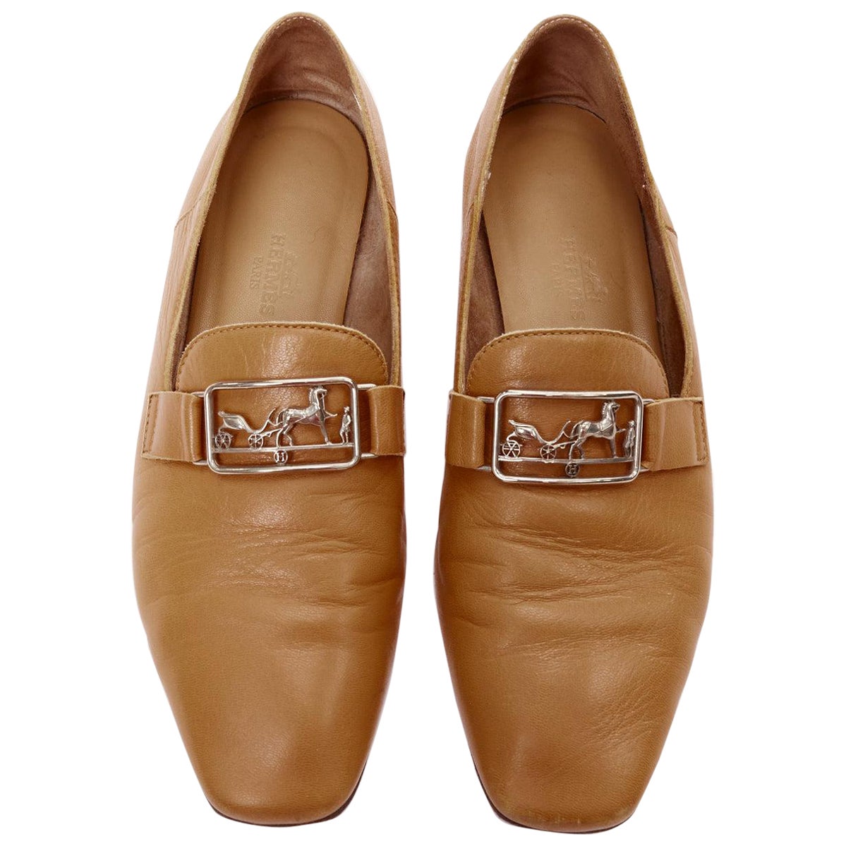 HERMES Time tan braun Glattleder Pferdeschlitten Schnalle flache Loafer EU35