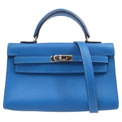 HERMES Tiny Kelly Blue Epsom Palladium Evening Top Handle Mini Shoulder Bag