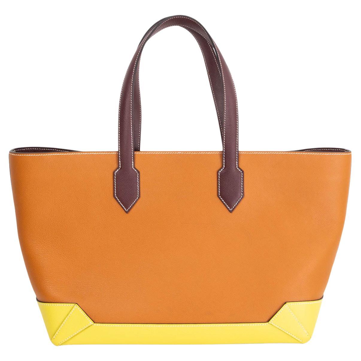 HERMES Toffee Bordeaux Lime Evercolor leather MAXIBOX CABAS 36 Bag For Sale