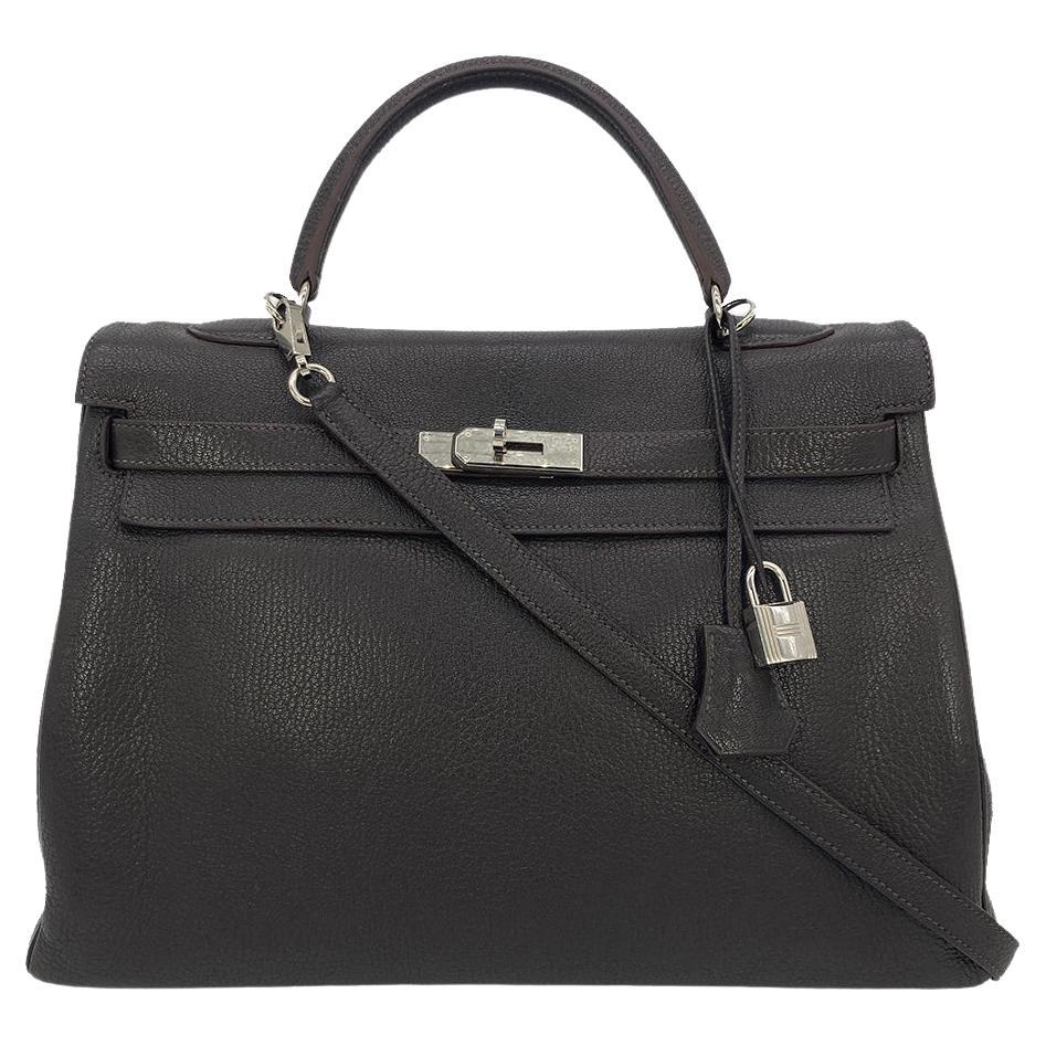 Hermes Togo Kelly 35 Retourne Chocolate Brown Silver PDH For Sale