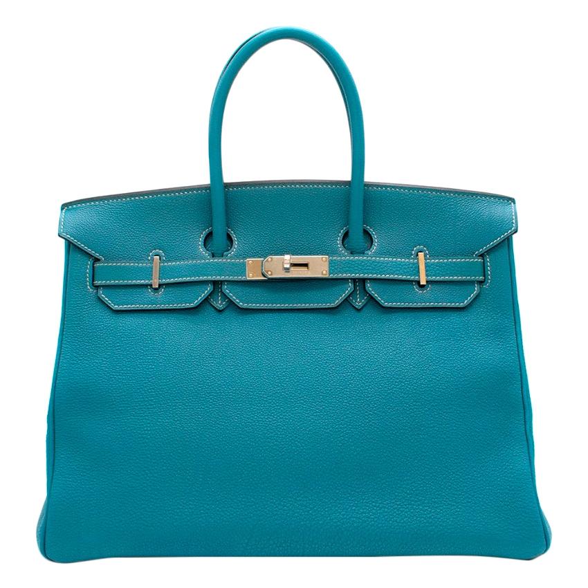 Hermes Togo Leather Blue Jean Birkin 35 PHW For Sale