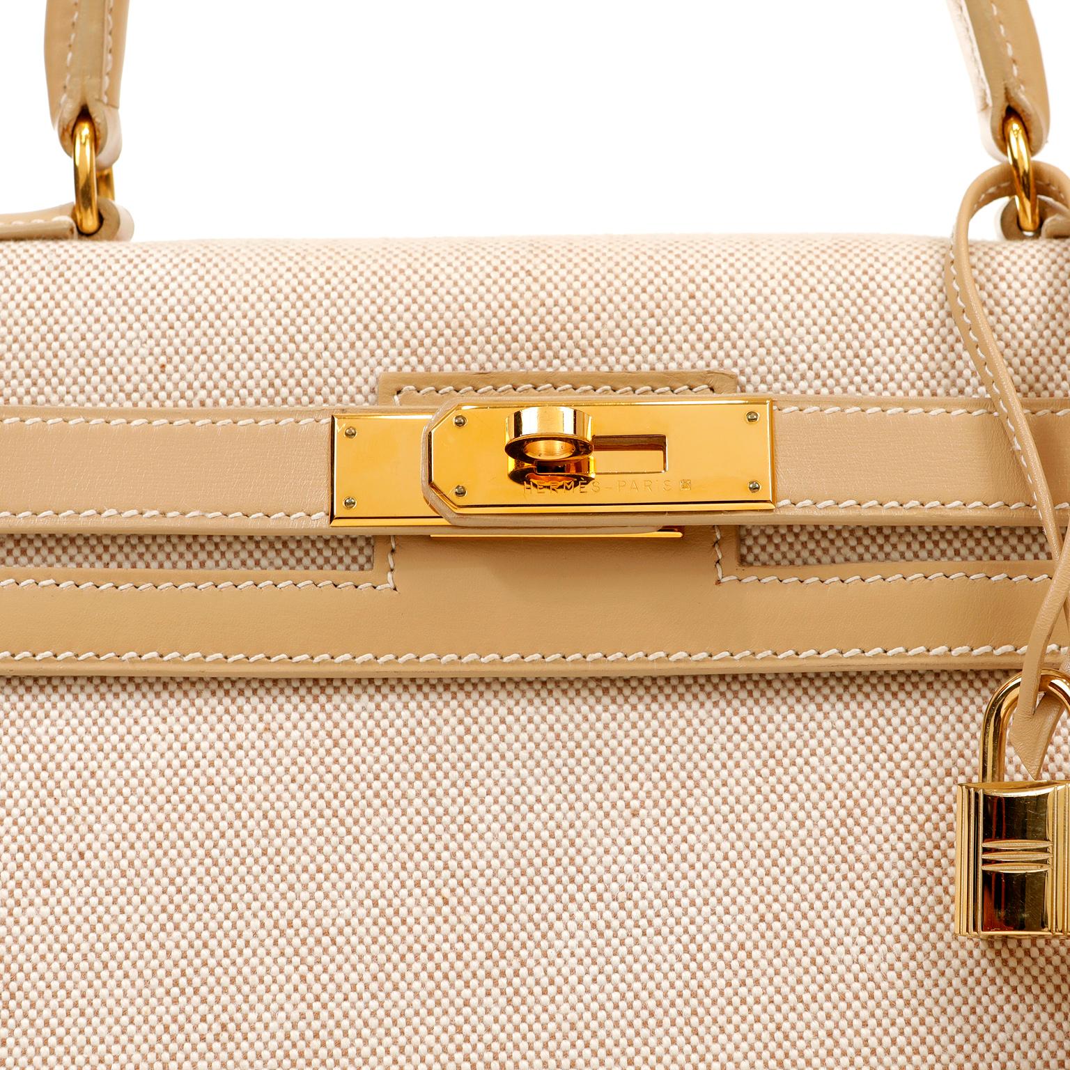 Hermès Toile and Beige Swift Leather 28 cm Kelly Bag In Good Condition In Palm Beach, FL