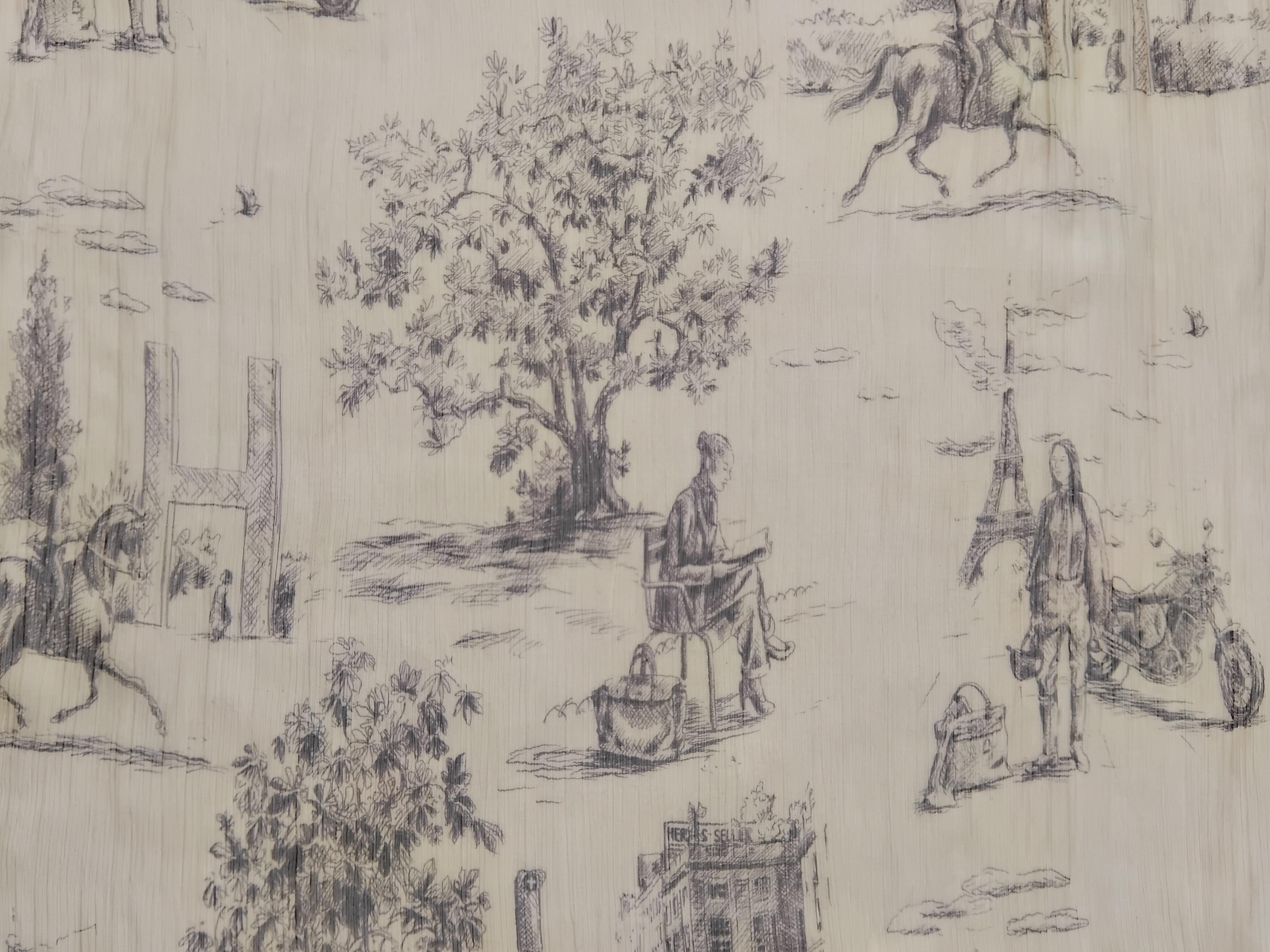 Hermès Toile de Jouy Stampa Chiffon Mousseline Sciarpa di Seta Lunga Stola in vendita 6