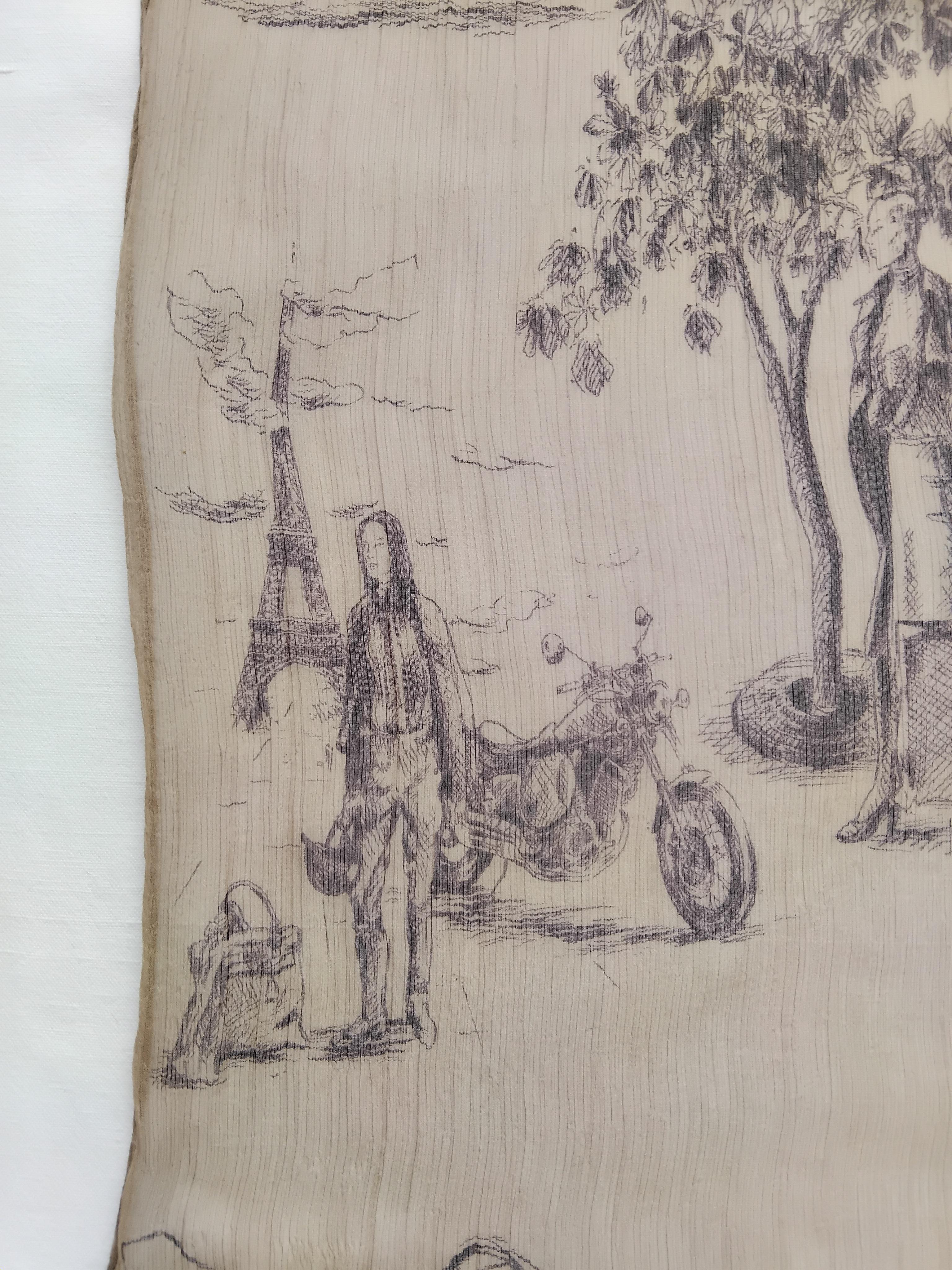 Donna Hermès Toile de Jouy Stampa Chiffon Mousseline Sciarpa di Seta Lunga Stola in vendita