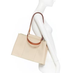 HERMES Toile H Cabag Elan Etoupe canvas tan leather expandable shoulder tote bag
