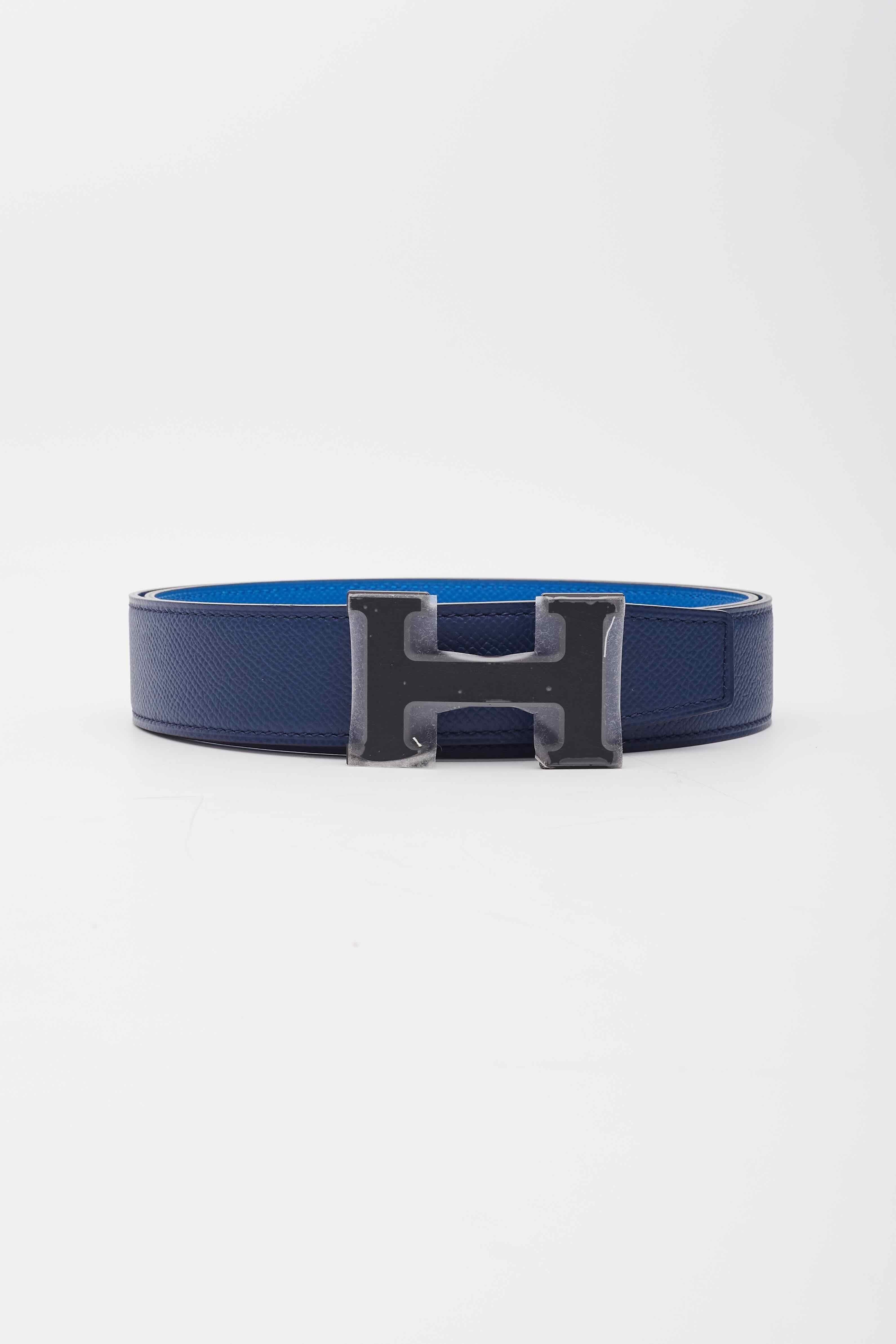 Hermes Tonight Reversible Leather Blue Belt With Metal Logo H Belt (90) For Sale 4