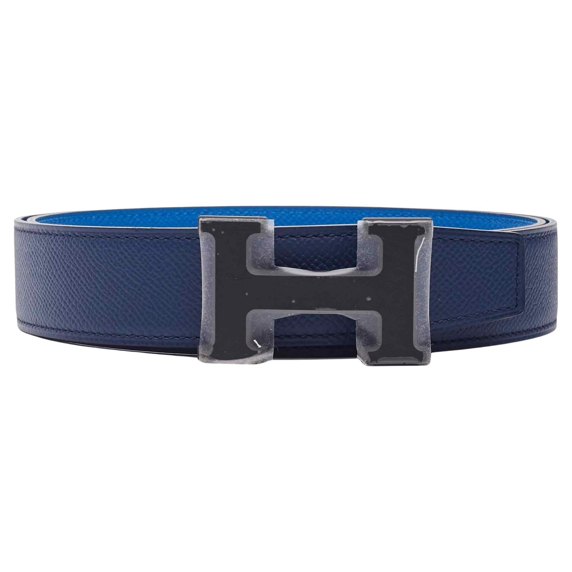 Hermes Tonight Reversible Leather Blue Belt With Metal Logo H Belt (90) For Sale