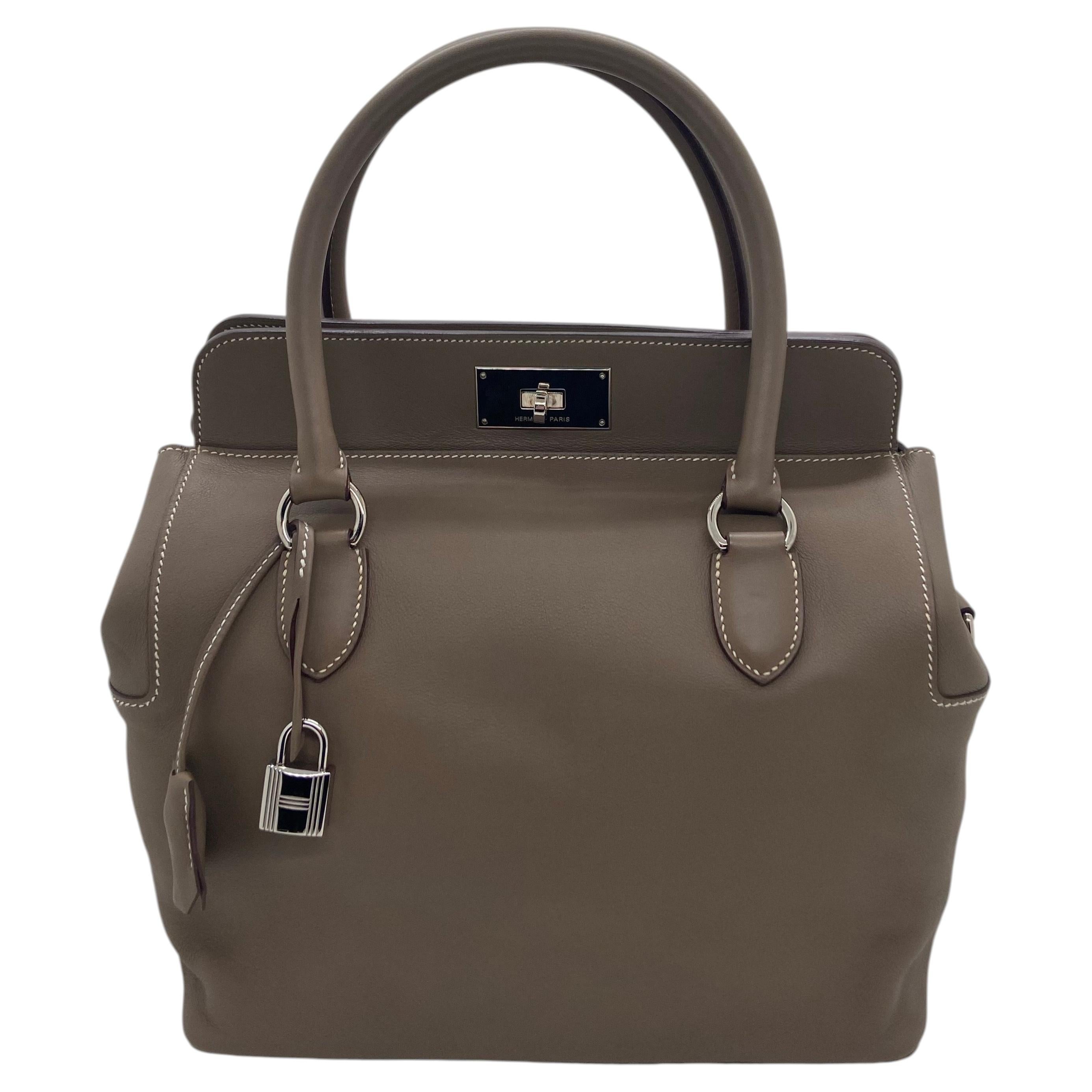 Hermes Toolbox 26 Sac Etoupe Leather PHW Silver Hardware Stamp R 2014