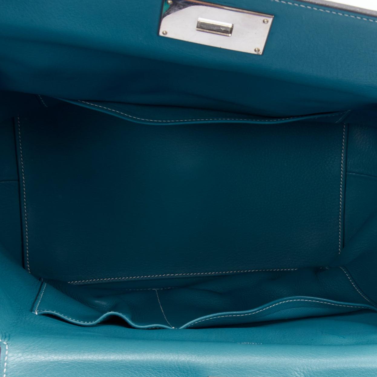 HERMES Toolbox 26 teal blue grained leather SHW top handle satchel For Sale 9