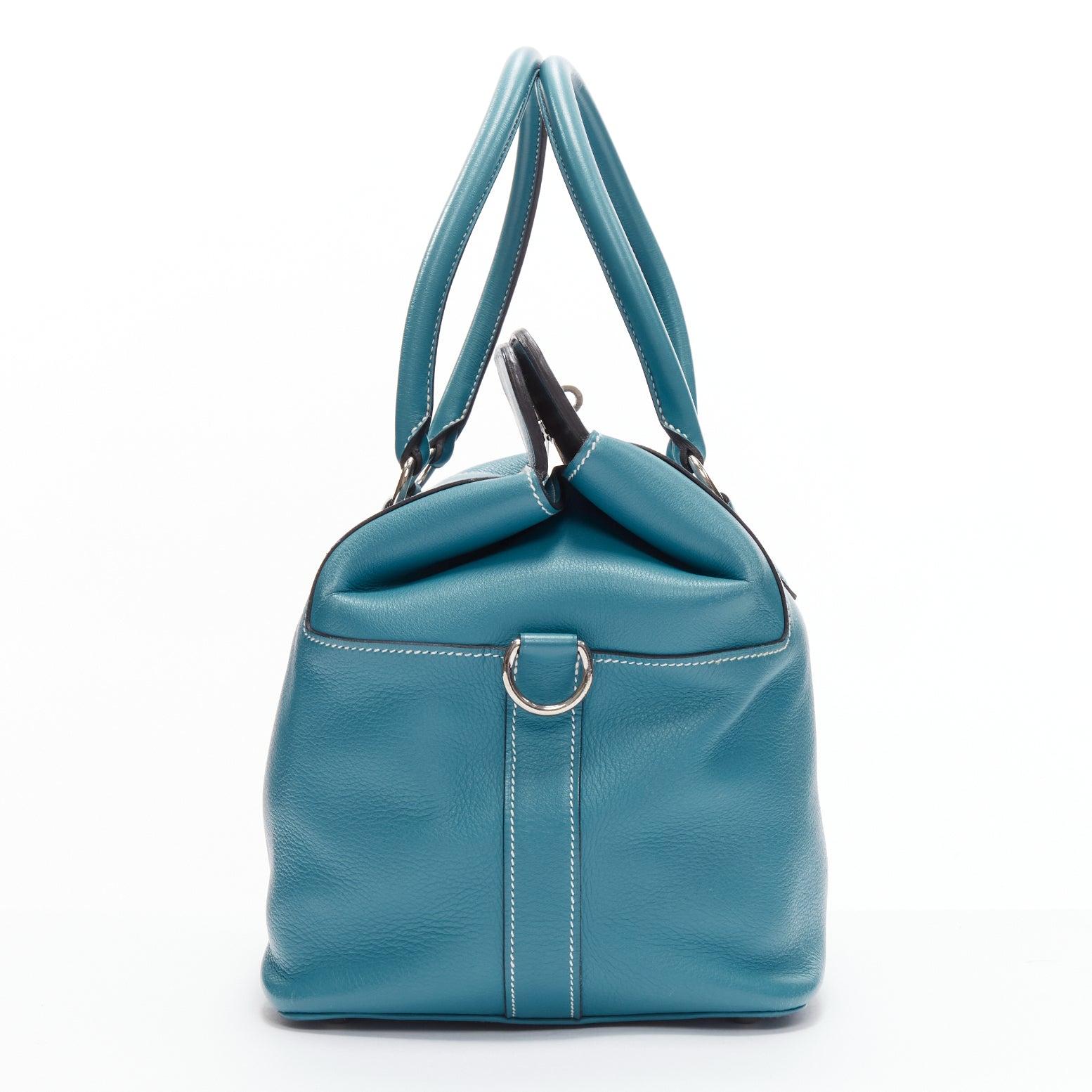 HERMES Toolbox 26 teal blue grained leather SHW top handle satchel In Good Condition In Hong Kong, NT