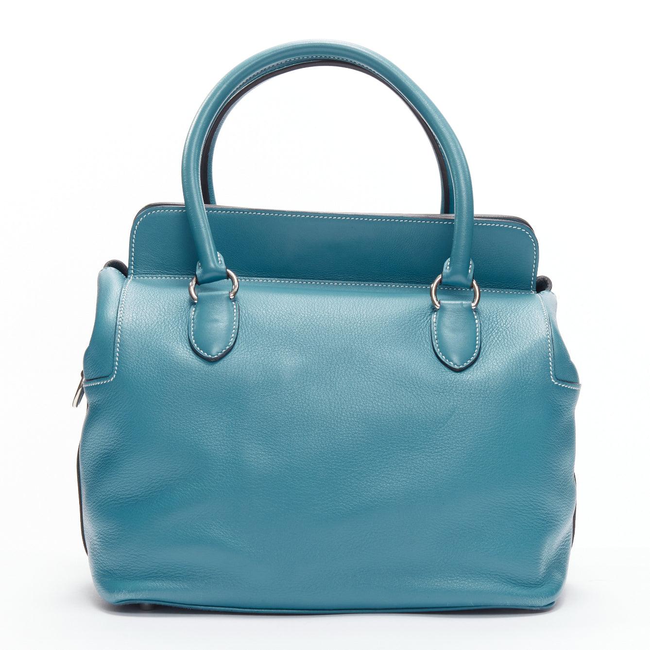 Women's HERMES Toolbox 26 teal blue grained leather SHW top handle satchel
