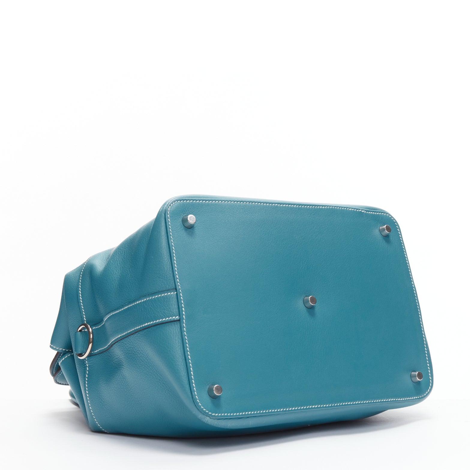HERMES Toolbox 26 teal blue grained leather SHW top handle satchel 1