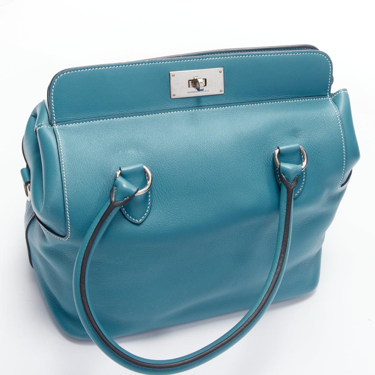 HERMES Toolbox 26 teal blue grained leather SHW top handle satchel For Sale 3