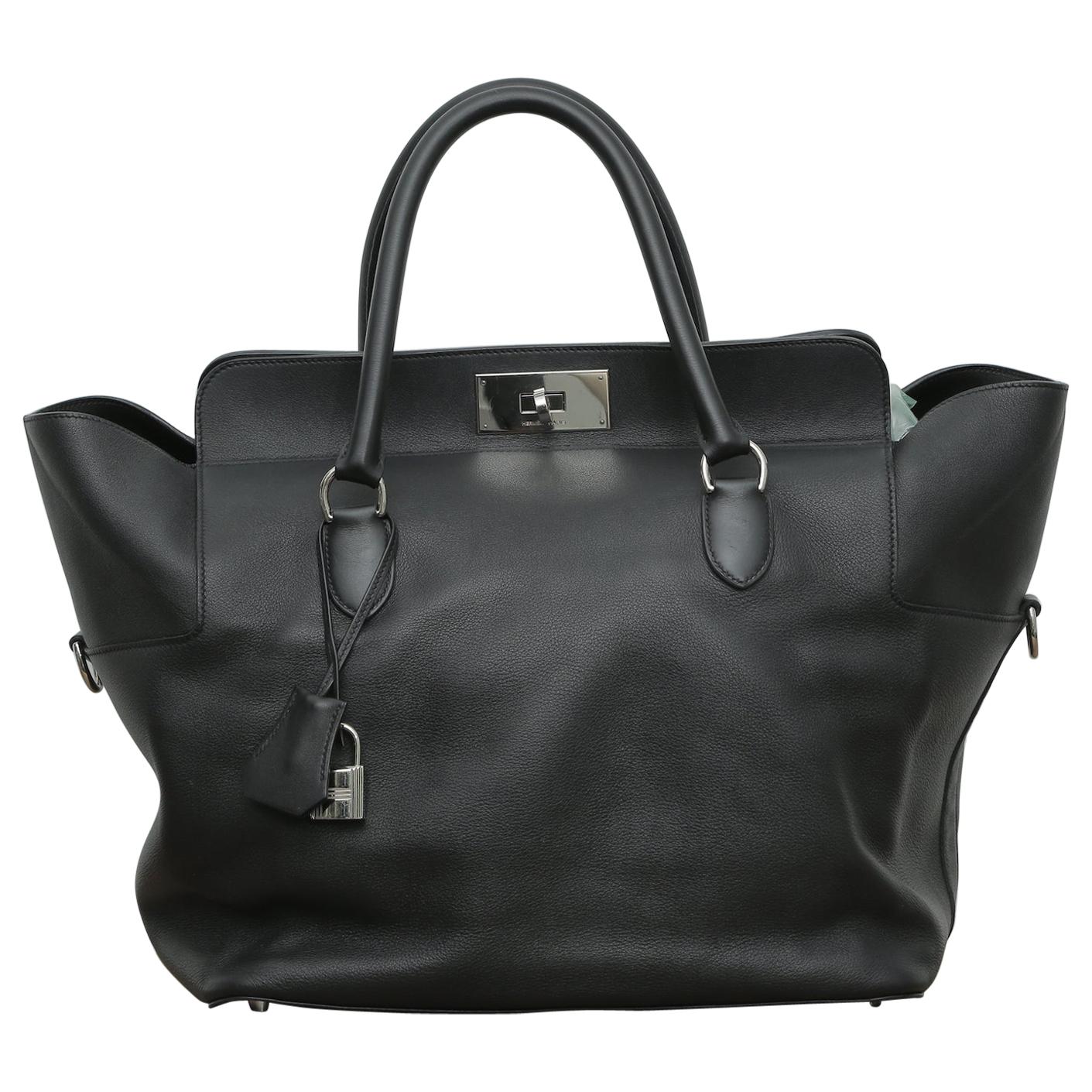 Superb Hermès Toolbox 33 with Silver Hardware Black Leather Weekend/Travel Bag