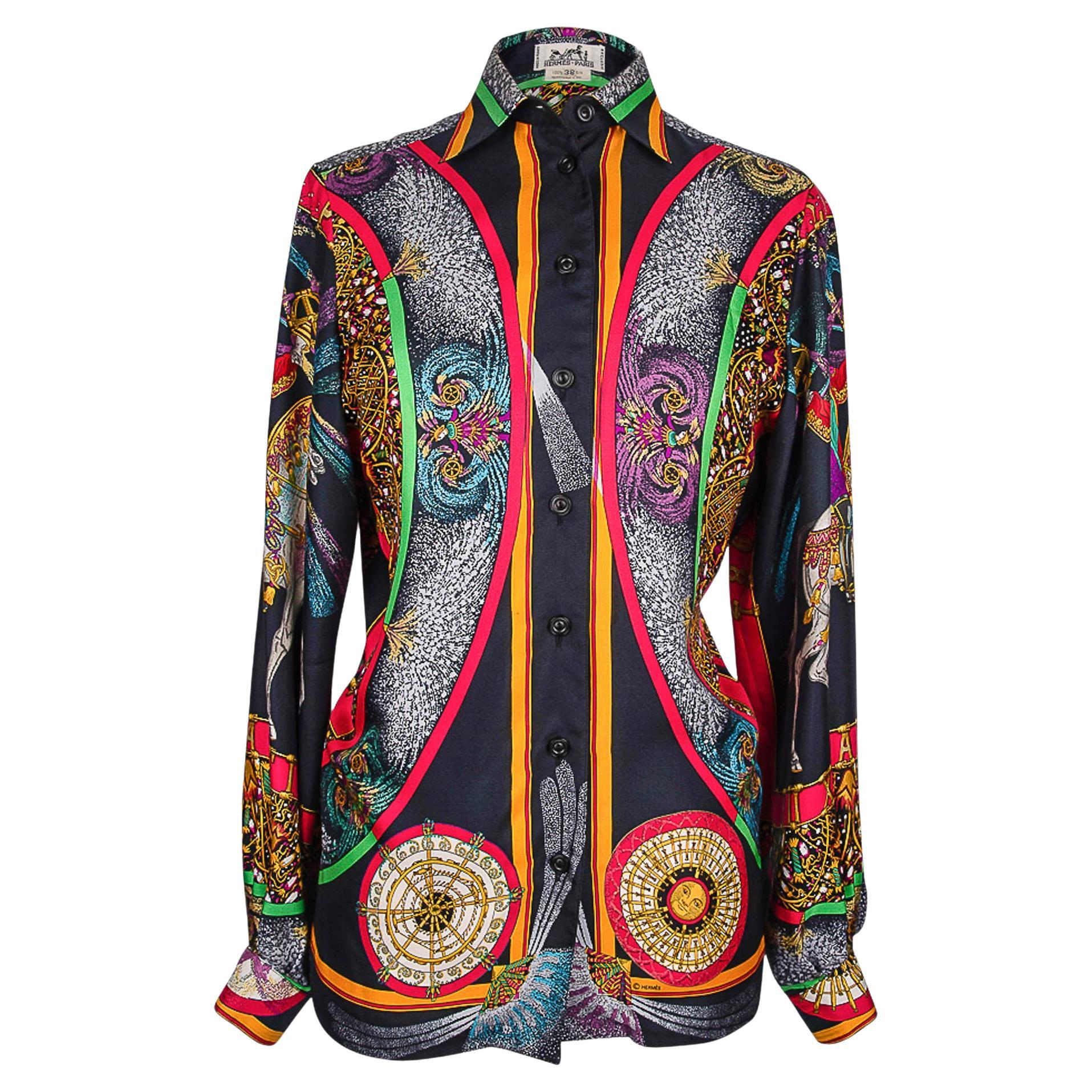 Hermes Top Scarf Print Blouse Feux D'Artifice w/ Twilly Vintage 38