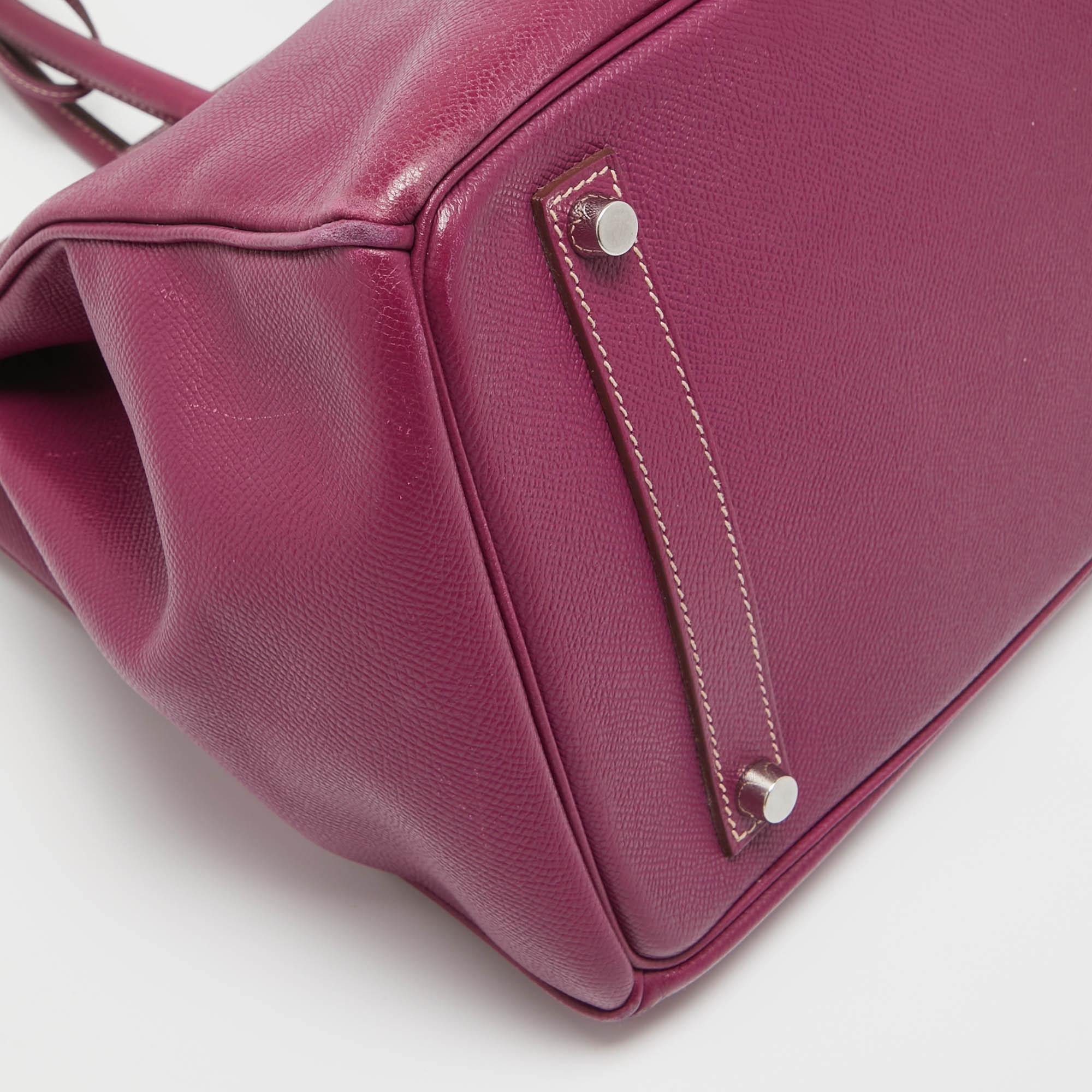 Hermes Tosca/Rose Tyrien Epsom Leather Palladium Finish Birkin 35 Bag For Sale 9