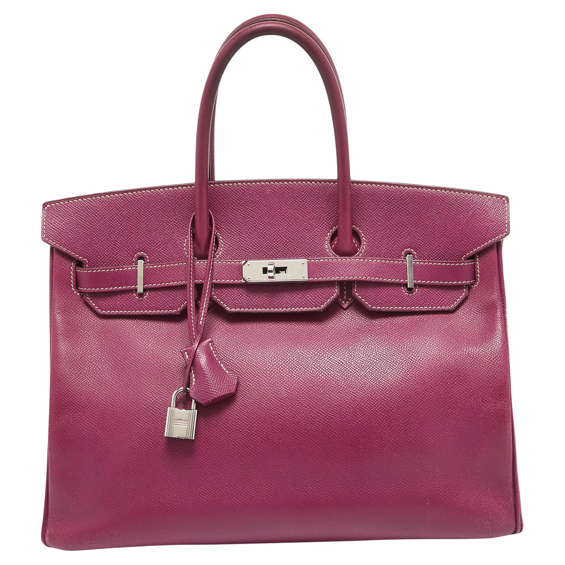 Hermes Tosca/Rose Tyrien Epsom Leather Palladium Finish Birkin 35 Bag For Sale