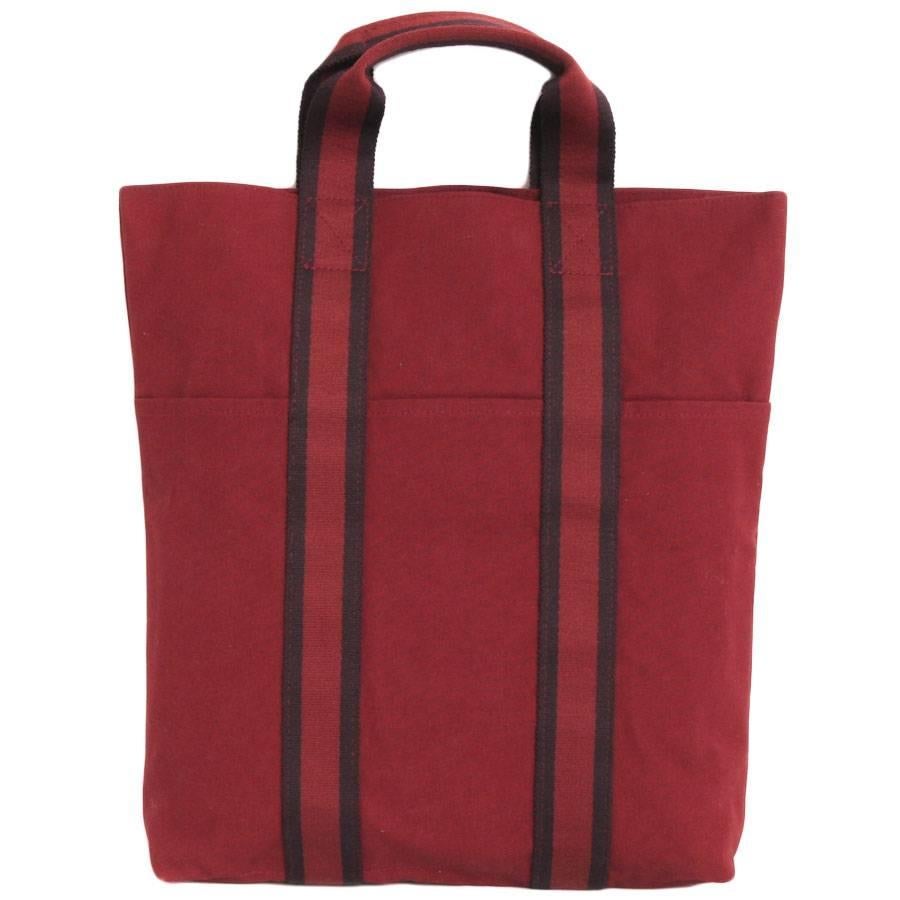 HERMES Tote Bag in Red H Canvas with Red and Dark Purples Strips