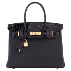 Hermes Touch Birkin Bag Noir Togo with Shiny Niloticus Crocodile with Rose Gold