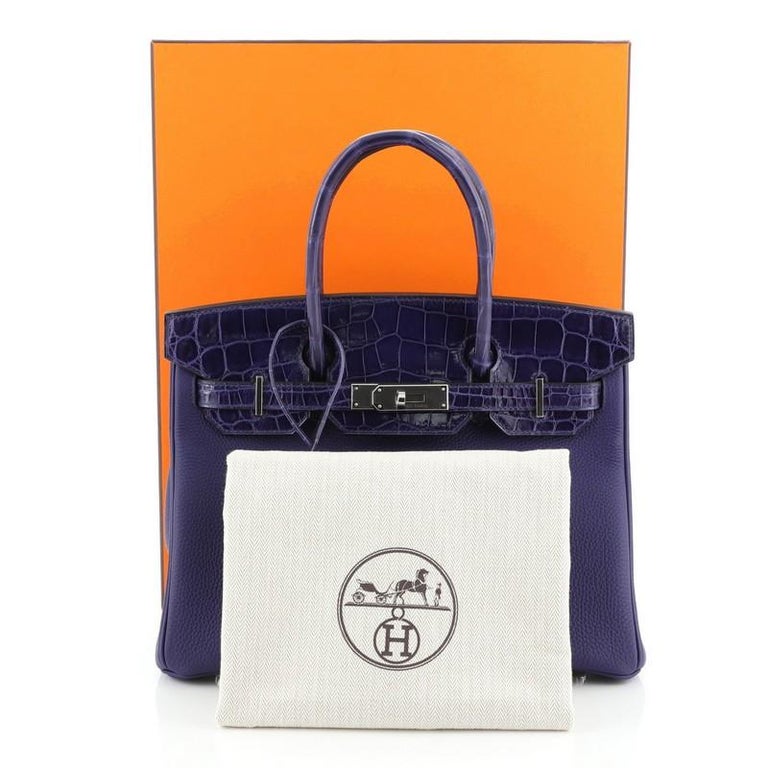 Hermes Touch Birkin Handbag Bleu Encre Togo with Shiny Niloticus