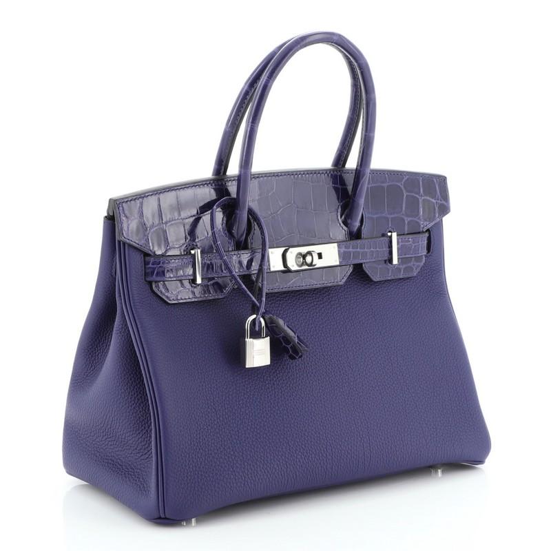Hermes Touch Birkin Handbag Bleu Encre Togo with Shiny Niloticus ...