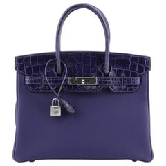 Hermès Touch Birkin Sac à main Bleu Encre Togo avec crocodile Niloticus brillant