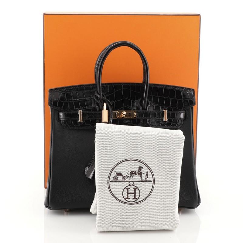 This Hermes Touch Birkin Handbag Noir Novillo with Shiny Niloticus Crocodile with Rose Gold Hardware 25, crafted in genuine Noir black Shiny Niloticus Crocodile and Novillo leather, features dual rolled top handles, frontal flap, and rose gold