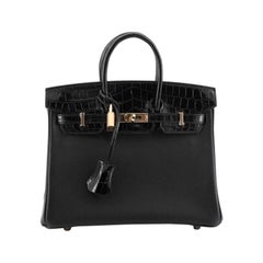 Hermes Touch Birkin Handbag Noir Novillo With Shiny Niloticus Crocodile 