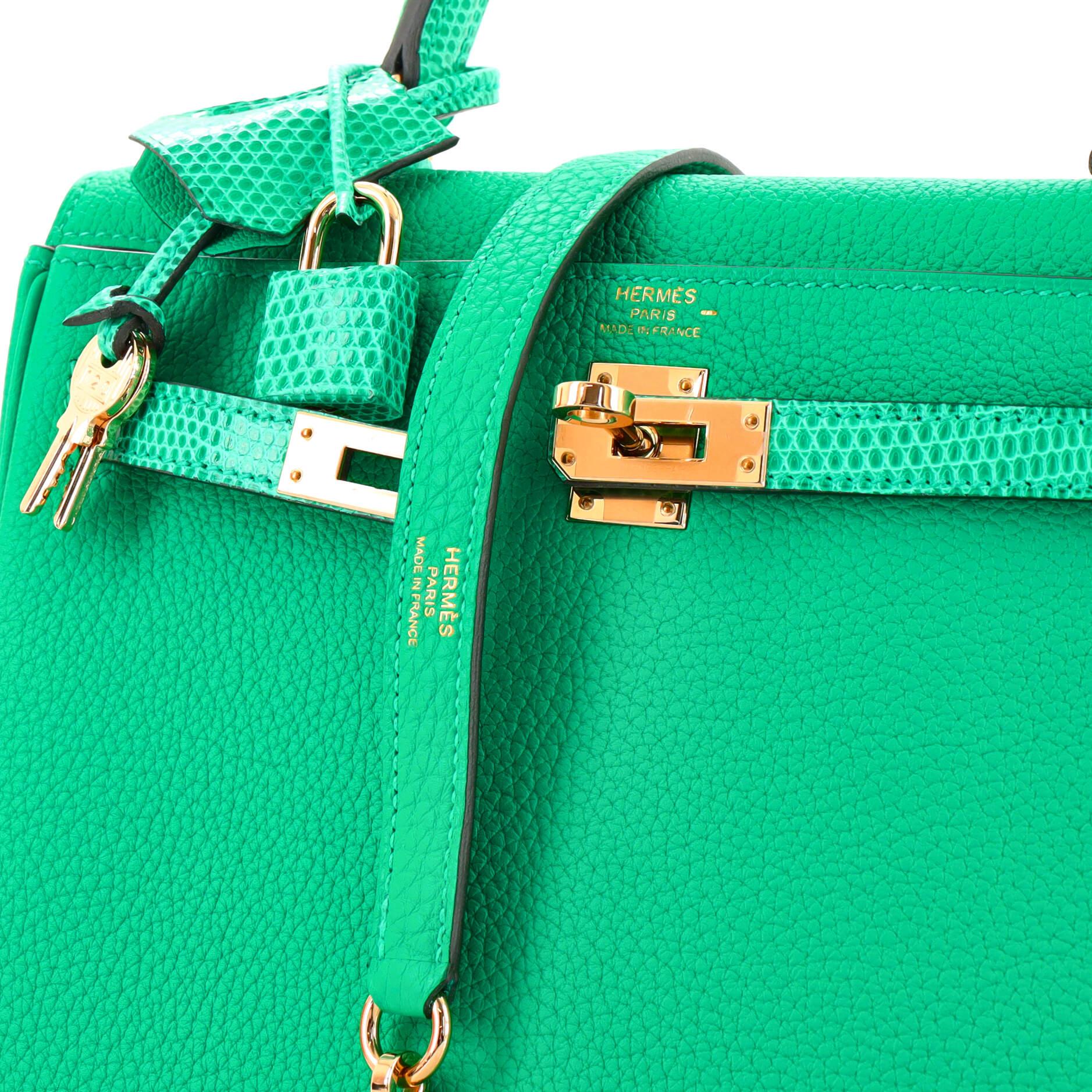 Hermes Touch Kelly Handbag Menthe Togo with Lizard and Gold Hardware 25 In Good Condition In NY, NY