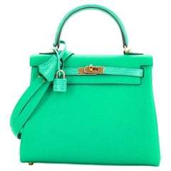 Hermes Touch Kelly Handbag Menthe Togo with Lizard and Gold Hardware 25