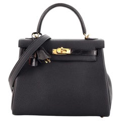 Hermes Touch Kelly Handbag Noir Togo with Lizard and Gold Hardware 25