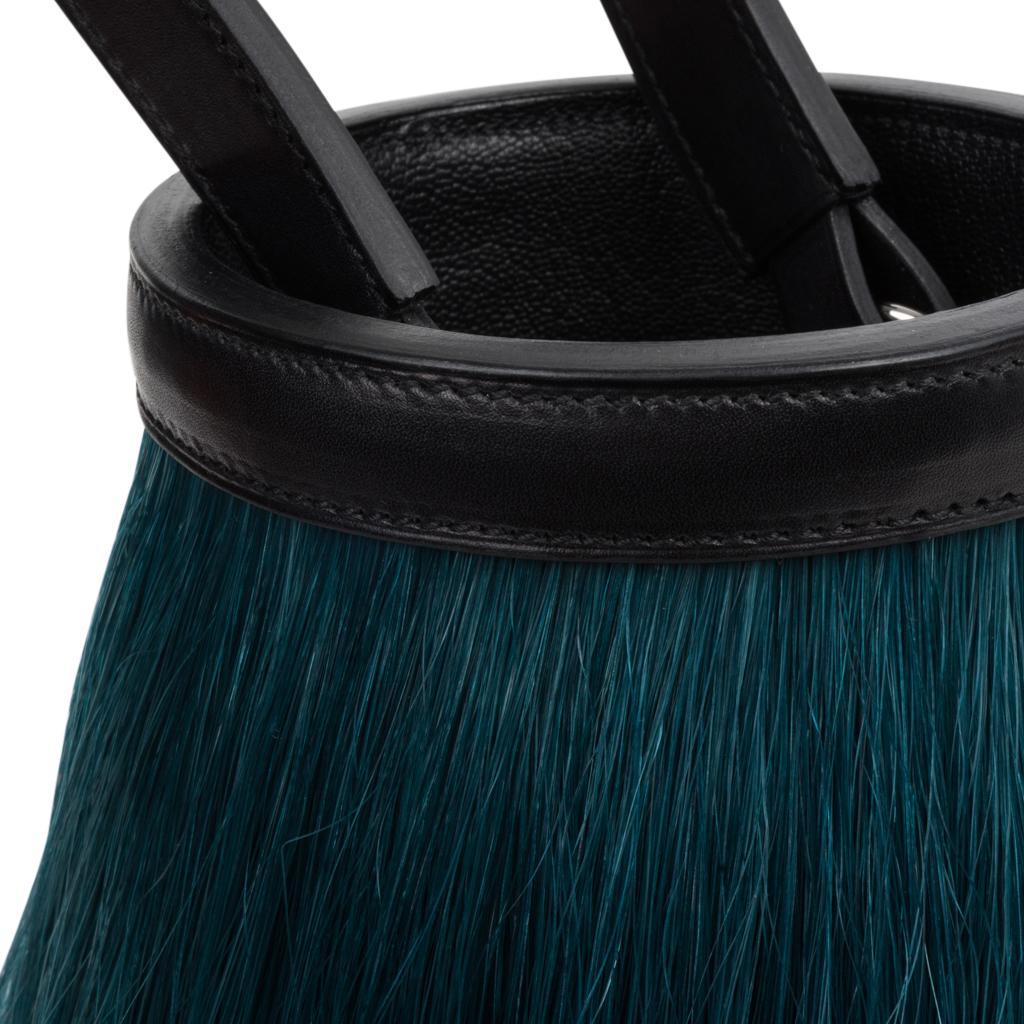 Hermes Toupet Bag Fringed Mini Bucket Horse Hair Vert Fonce Black Evercalf In New Condition In Miami, FL