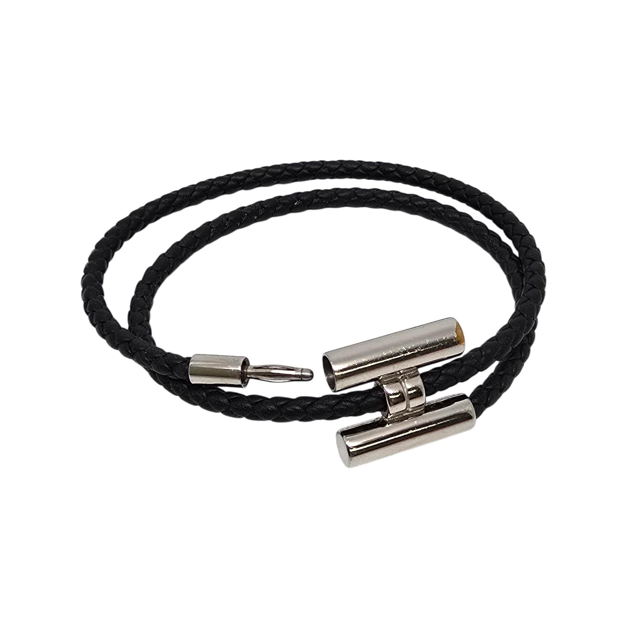 Women's Hermes Tournis Tresse Black Noir Calfskin Bracelet with Pouch and Box #20419