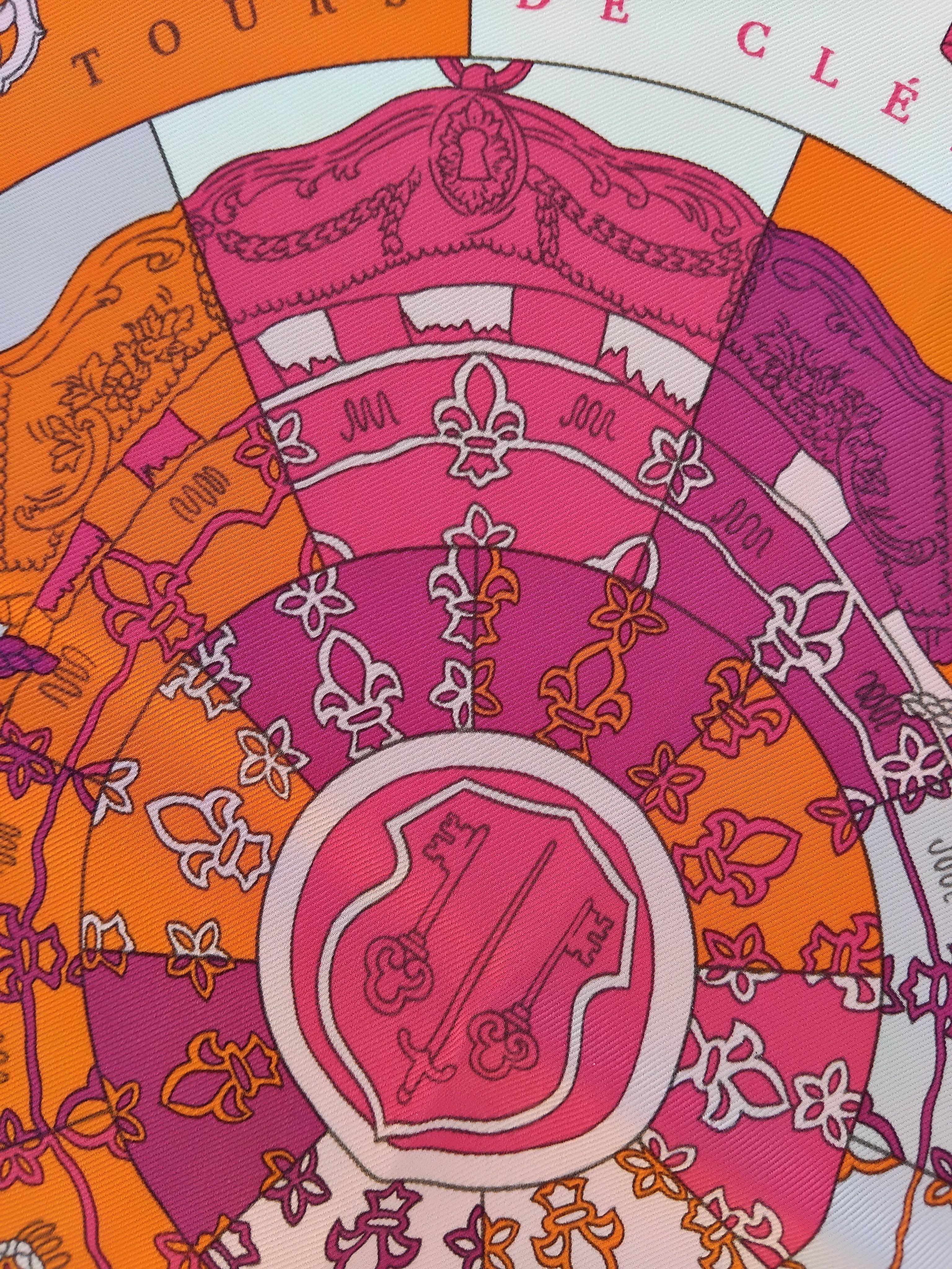 Hermès Tours de Clés Silk Scarf Orange Mastic Pink 26' 10