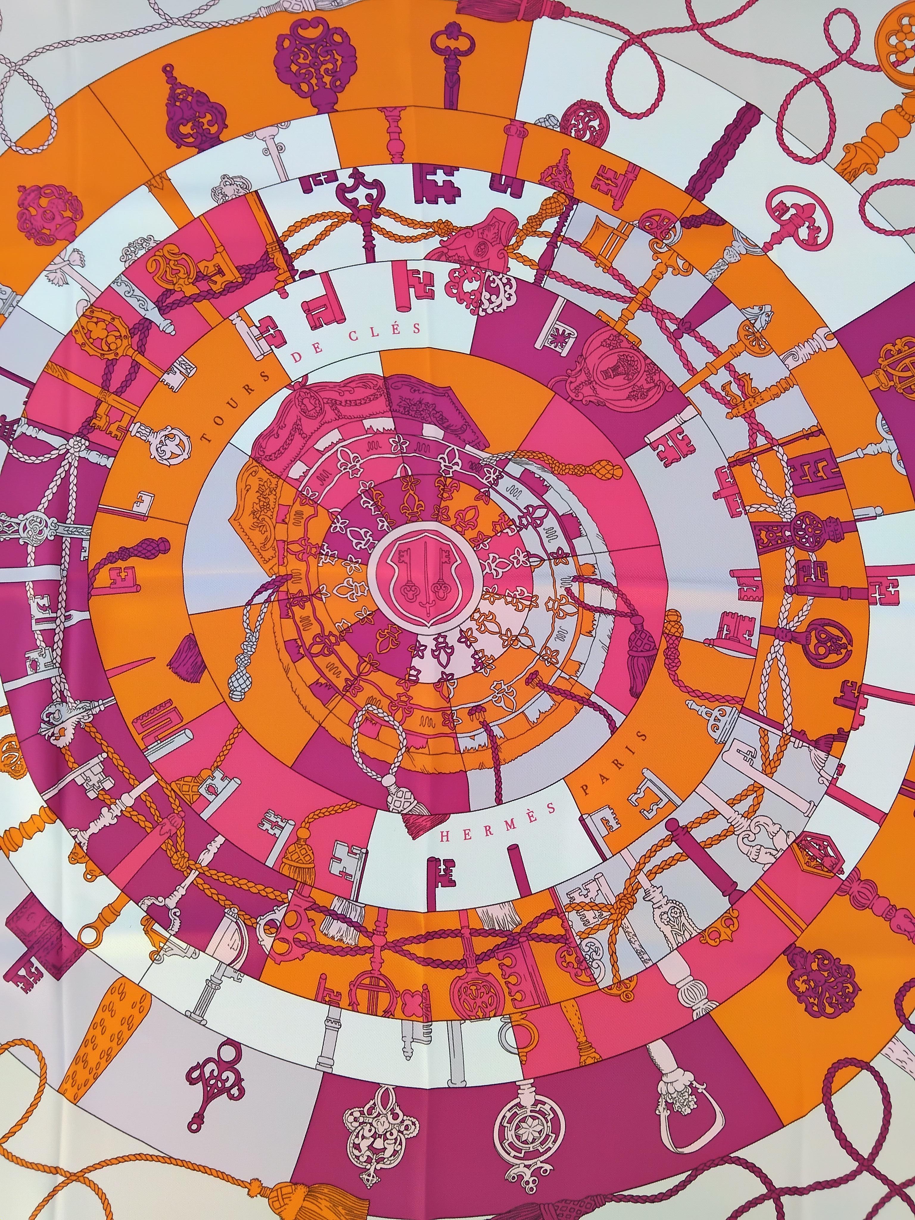 Gray Hermès Tours de Clés Silk Scarf Orange Mastic Pink 26'
