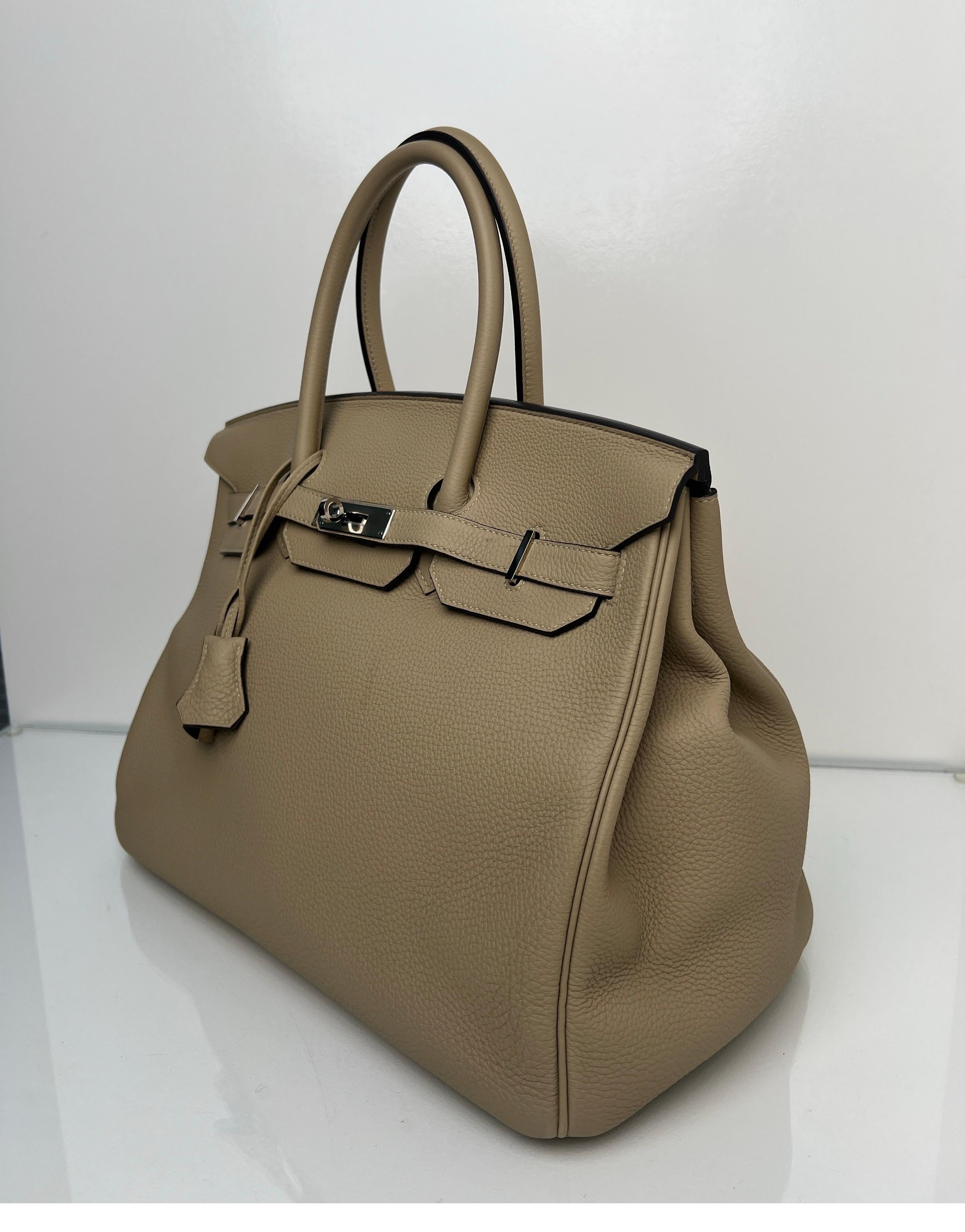 Hermes Trench Birkin 35 Bag. Nice neutral color for all seasons. Palladium silver hardware. Interior clean. Good condition. Light spot on front. Please see all photos. Light wear. Rare color. Great investment bag. Includes clochette, lock, keys, and