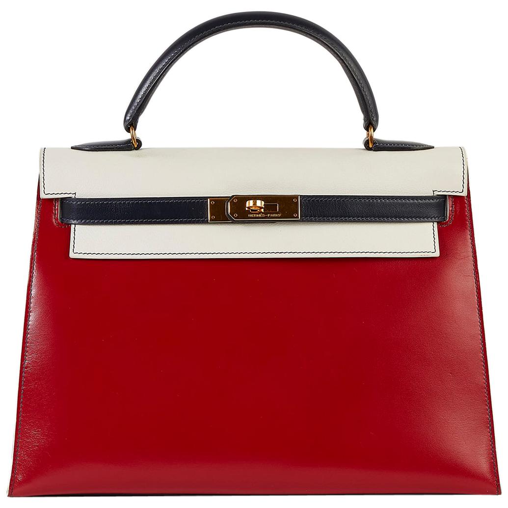 Sellier 32cm Kelly Tasche mit dreifarbiger Tri-Colour von Hermès