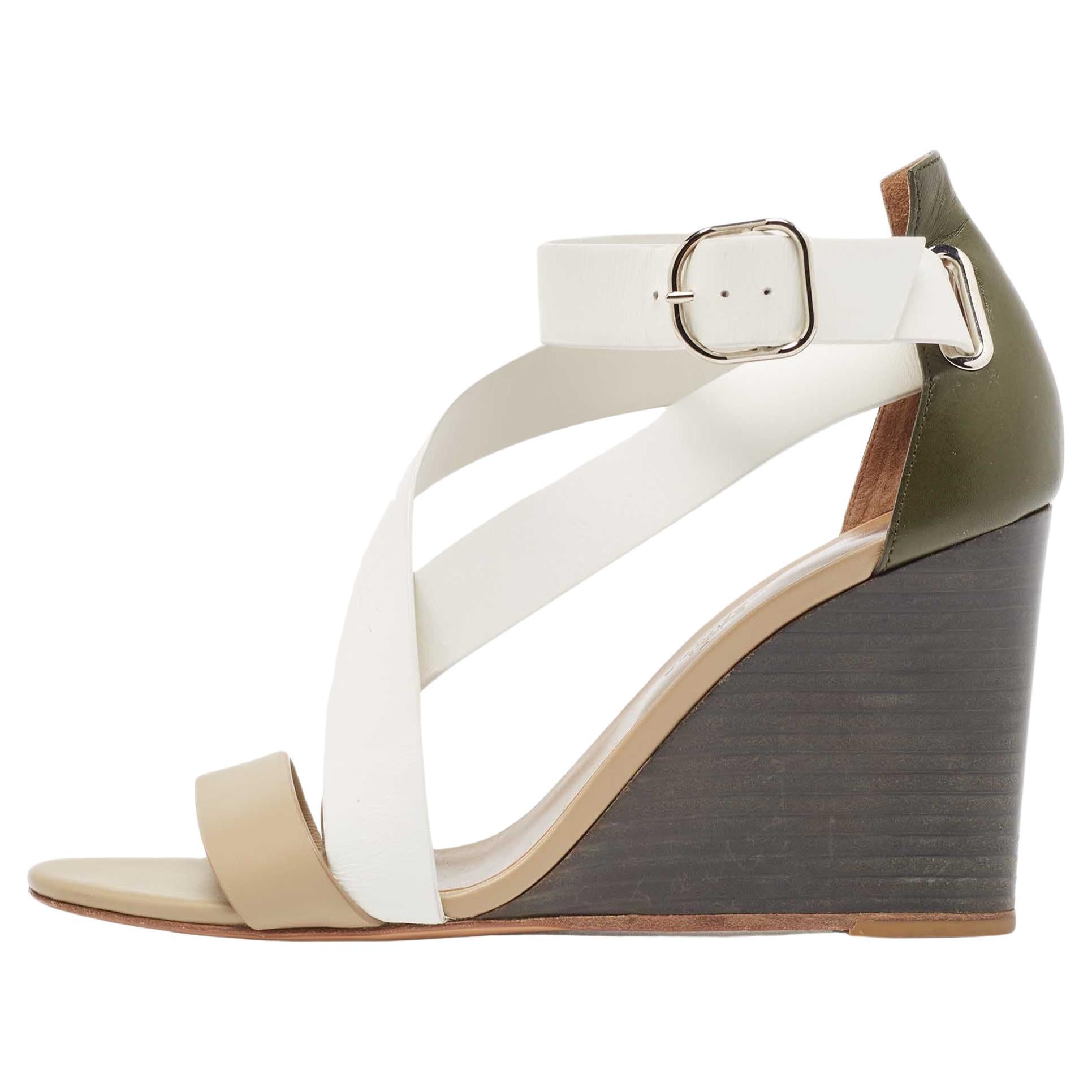 Hermes Tricolor Leather Ankle Wrap Wedge Sandals Size 38.5 For Sale