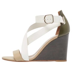 Hermes Tricolor Leather Ankle Wrap Wedge Sandals Size 38.5