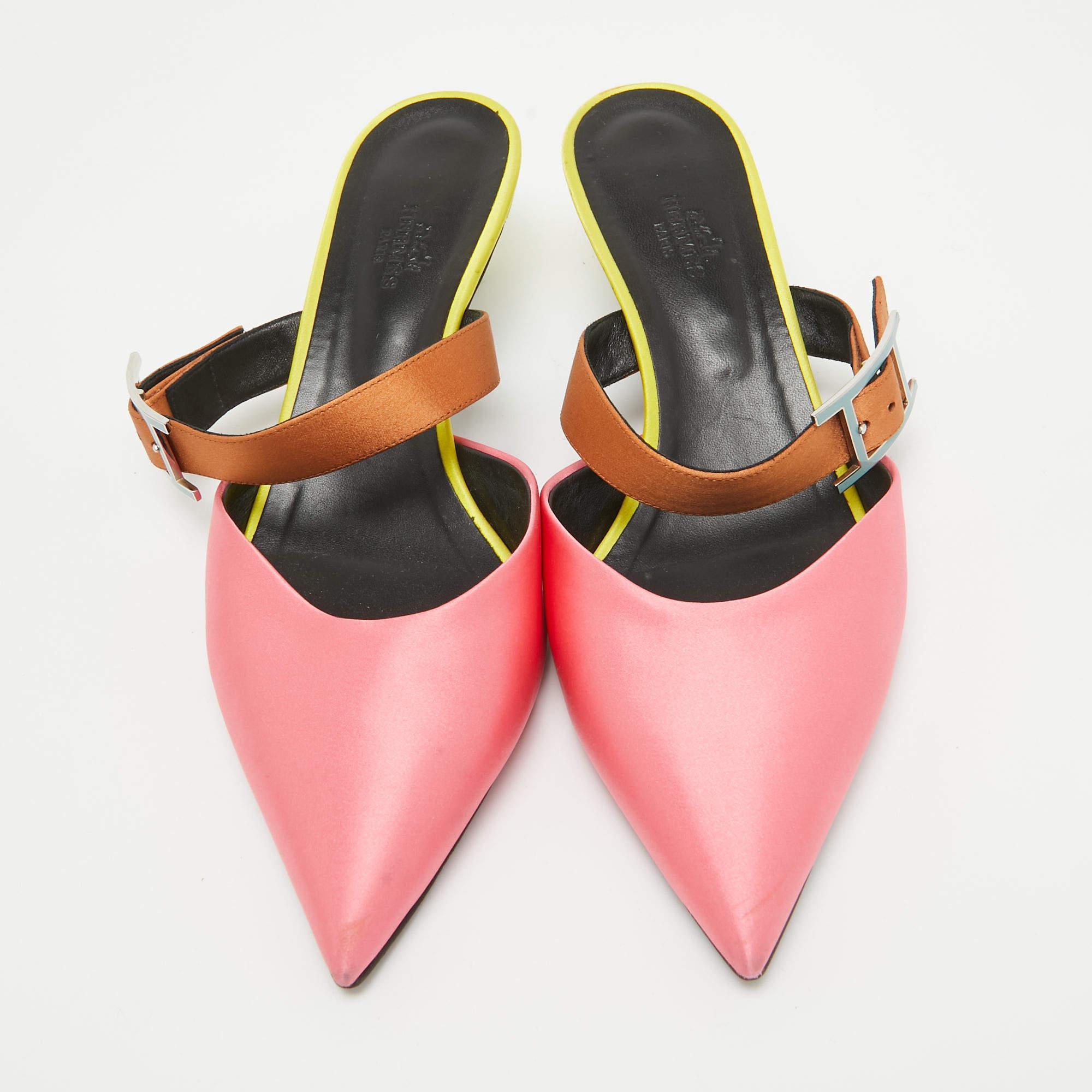 Beige Hermes Tricolor Satin and Leather Blink Mule Size 39 For Sale