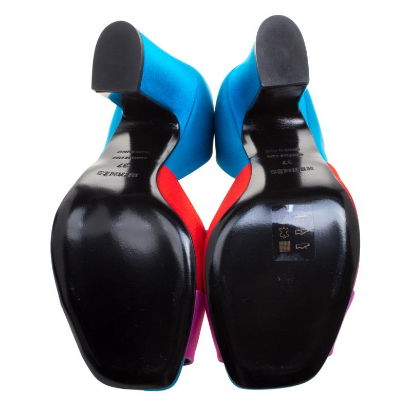 Women's Hermes Tricolor Satin Block Heel Peep Toe D'orsay Pumps Size 37