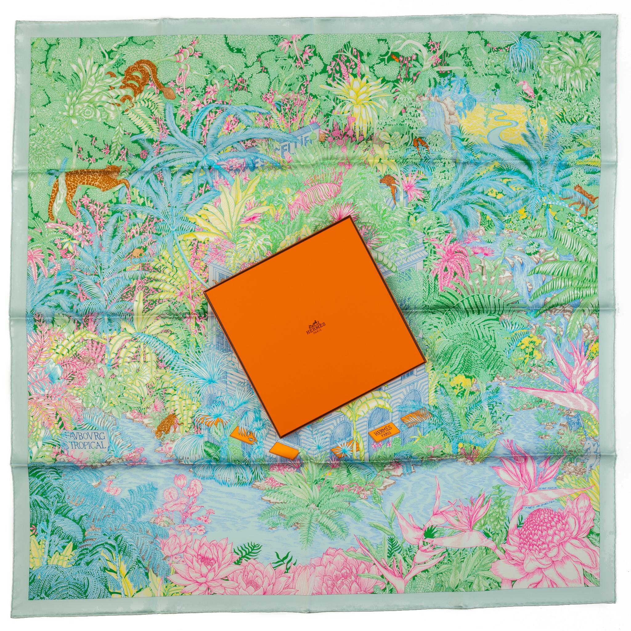 Hermès new Tropical Garden silk scarf. Multicolor pastel color way. Hand rolled edges. Comes with original box.
